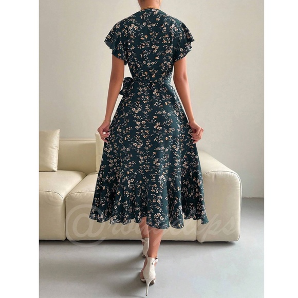 Boho Dark Green Grey Floral V neck Ruffle Hem Midi Dress  A Line Wrap Style - Picture 2 of 10